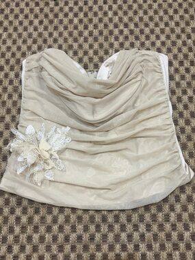 BCBG Max Azria Y2K Tulle Tube Top Strapless Ruched Floral Beige Romantic S Fairy